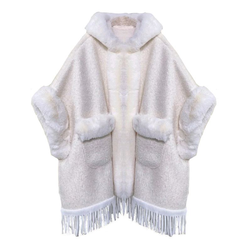 冬季大码亮丝颗粒绒连帽加绒加厚斗篷披肩女呢外套中长款流苏披风