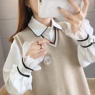 马甲背心外套2021年初秋新款女士V领毛衣春秋学院风白色针织马夹