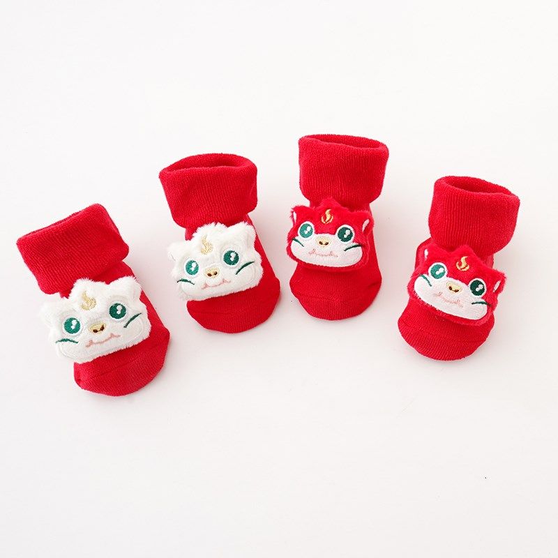 秋冬季婴儿袜子加厚男女宝宝毛圈中筒袜超萌卡通婴幼儿新年公仔袜