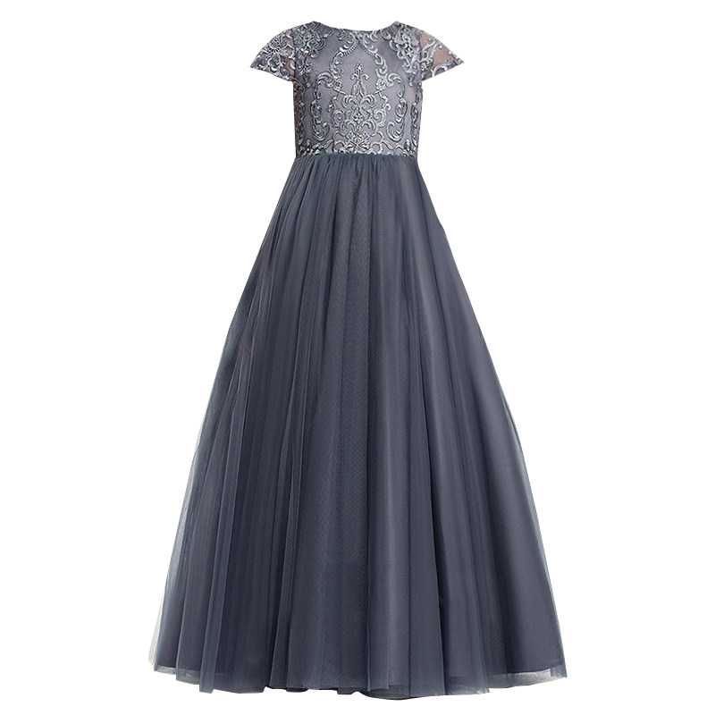 儿童高档晚礼服女童长款钢琴演出服中大童金属灰主持人走秀蓬蓬纱