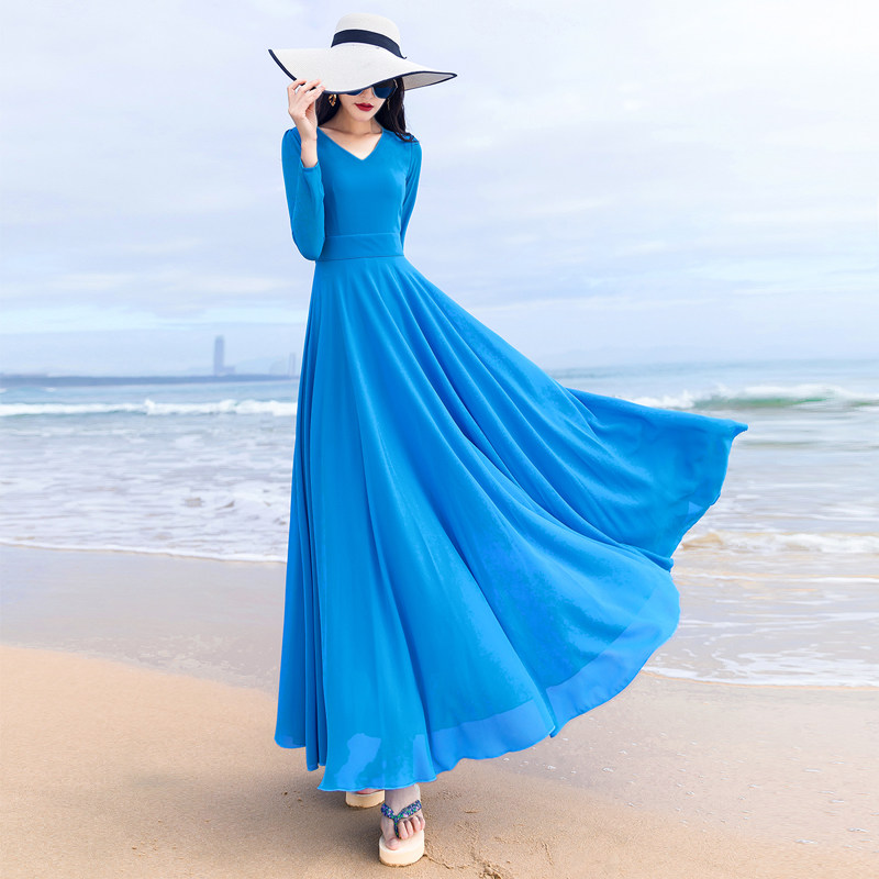 2021夏季新款长袖气质雪纺显瘦长款大摆连衣裙脚踝沙滩裙长裙飘逸