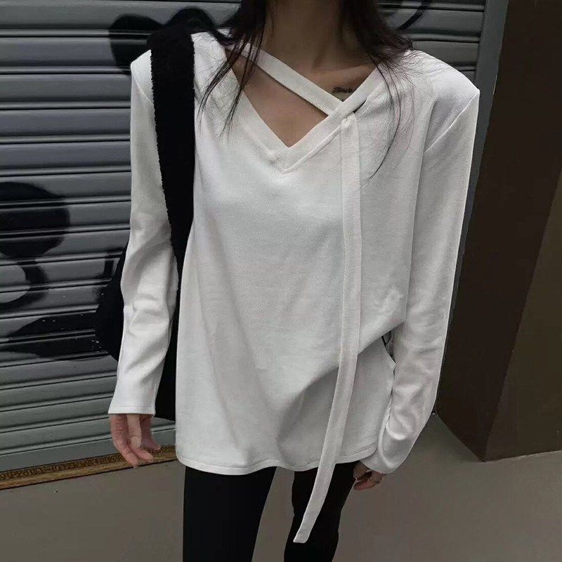 灰色v领t恤女长袖加厚磨毛打底衫飘带宽松长款遮屁股纯棉垫肩上衣