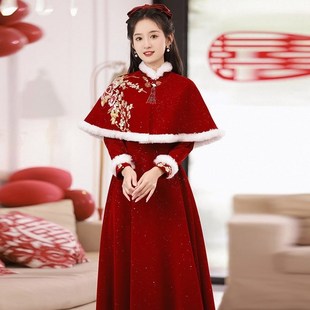 敬酒服新娘2024新款酒红回门订婚连衣裙冬季新中式宴会礼服气质款