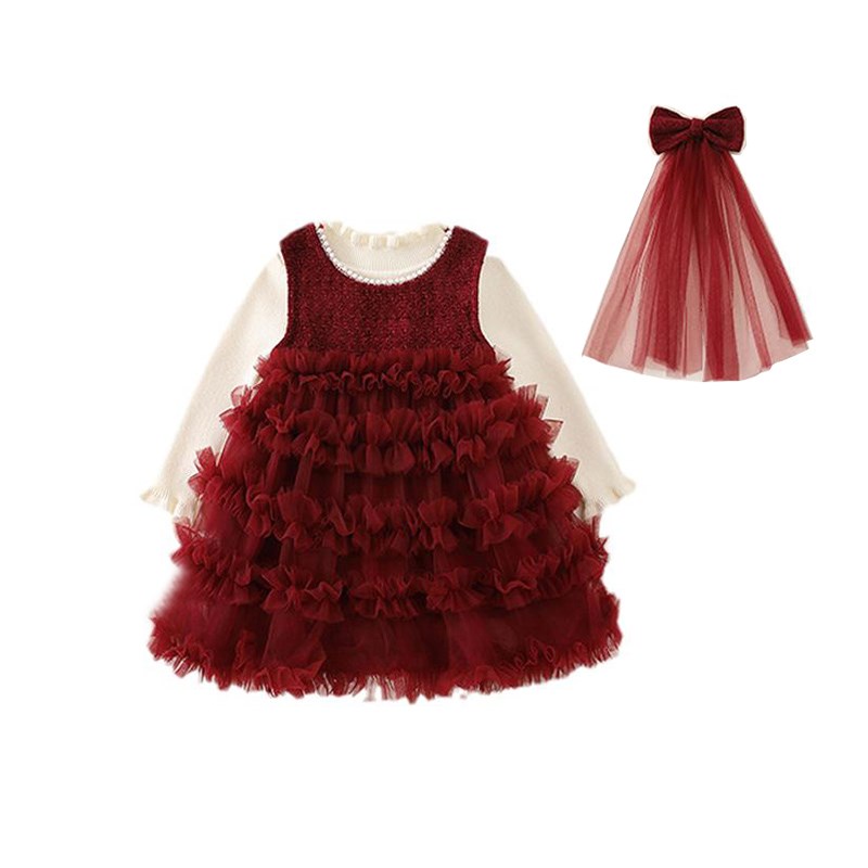 女童套装秋冬2024新款洋气女孩红色连衣裙儿童高级感蛋糕裙两件套