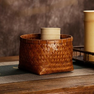 手工竹编收纳筐桌面整理茶道储物盒篓子茶具托盘复古竹制果篮杯笼