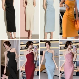 2024年夏季女装法式紫色方领气质修身短款连衣裙吊带裙裙子