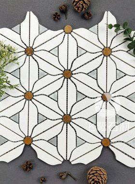 大理石马赛克厨房卫生间浴室地砖墙砖石材背景墙心白色花朵复古款