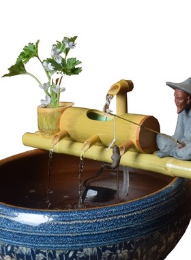 竹子流水竹筒流水器鱼缸石槽鱼池装饰陶瓷造景摆件过滤器养鱼制氧