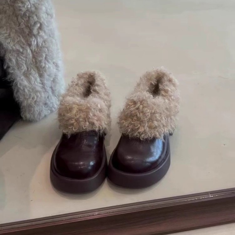 毛绒复古圆头搭扣一脚蹬乐福鞋