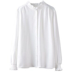 大码雪纺白衬衫女胖mm长袖春秋高级感木耳边立领宽松内搭打底上衣