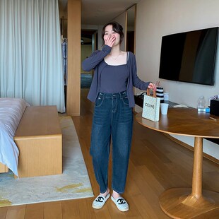 胖mm显瘦松紧腰老爹裤 女2023新款 小个子梨型身材 直筒牛仔裤 大码