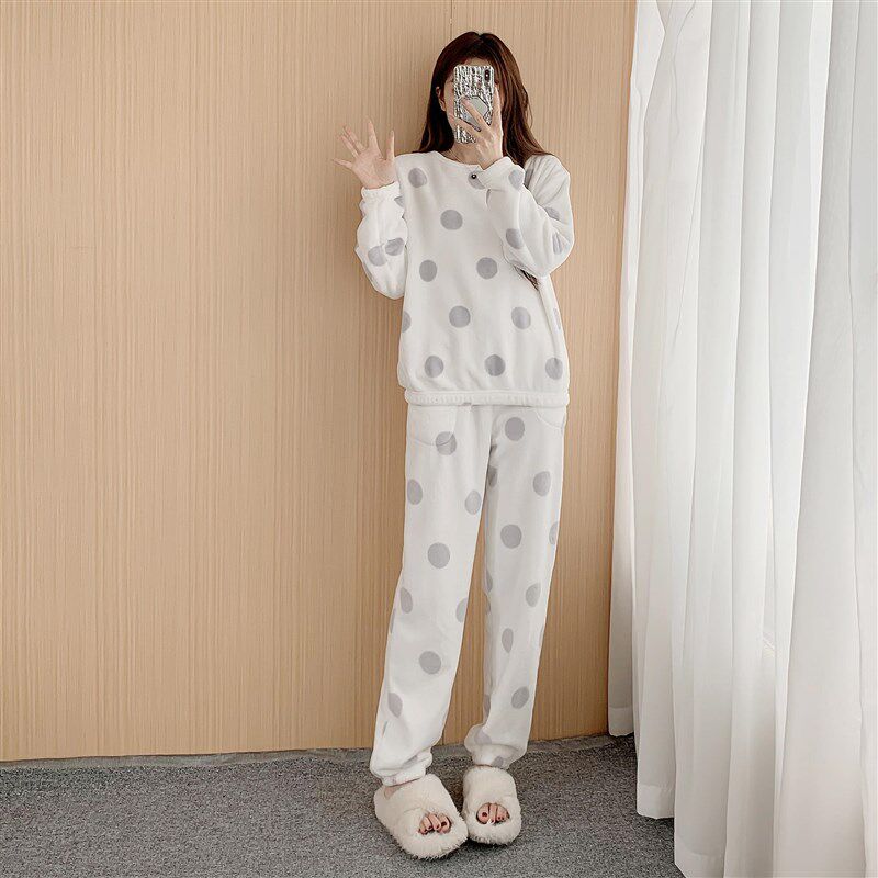 冬天瘦高个子175女生睡衣套头加长版白色波点家居服套装特长110cm