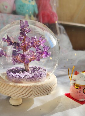 日式植物黄水晶圆球带暖彩灯树手工客厅桌面摆件送礼圣诞节日礼物