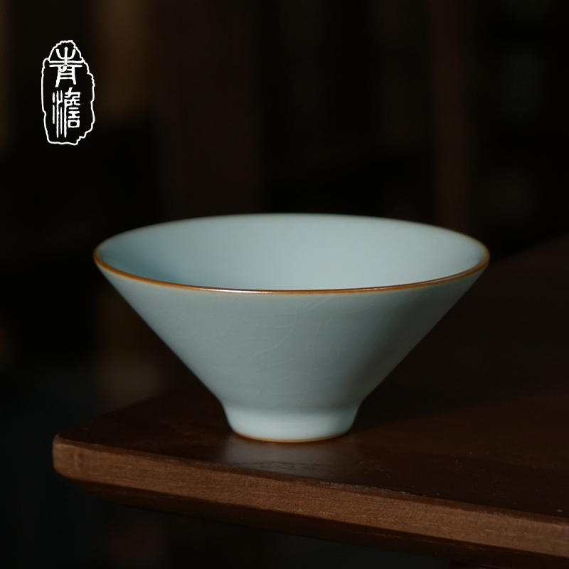 汝窑箬笠杯主人杯单杯景德镇瓷器复古汝瓷斗笠杯青瓷手工茶杯陶瓷