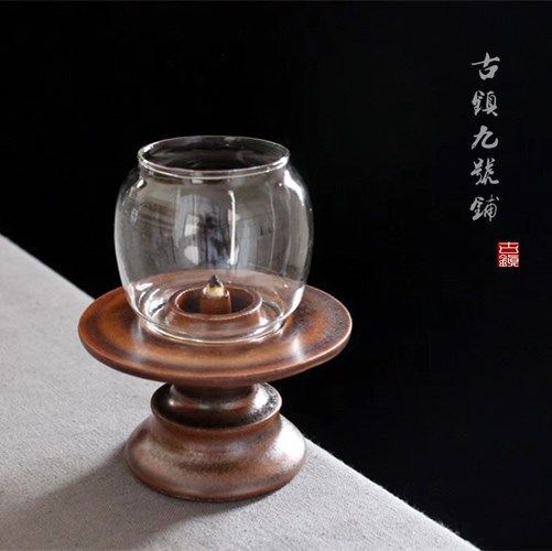 手作陶瓷油灯复古烛台中式玻璃灯罩煤油灯酥油灯座茶道茶空间摆件