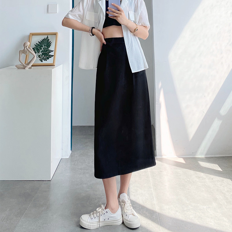 黑色半身裙中长款女夏小个子高腰显瘦胖妹妹大码a字开叉西装长裙