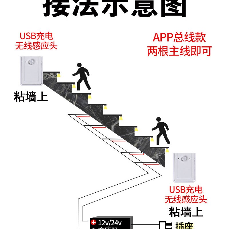 网红楼梯感应人体跑马追光流水灯带led扶手踢脚板性灯24V嵌入式