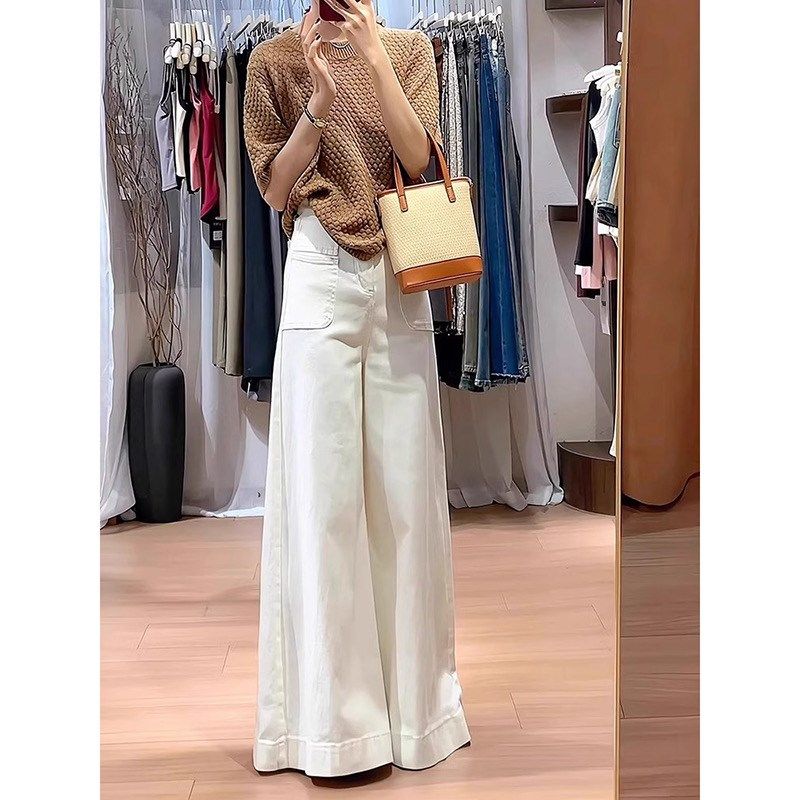 白色大裤脚阔腿牛仔裤女春秋新款高腰直筒宽松设计感不贴腿微喇裤