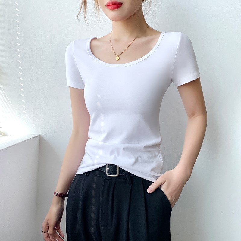 白色t恤女短袖2025新款低领紧身u领打底衫纯棉夏季女装百搭短上衣