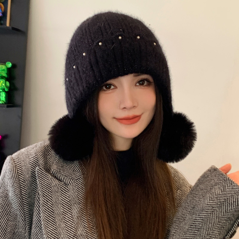 毛线帽子女秋冬2023新款保暖护耳防风大头围加绒加厚毛球针织帽子