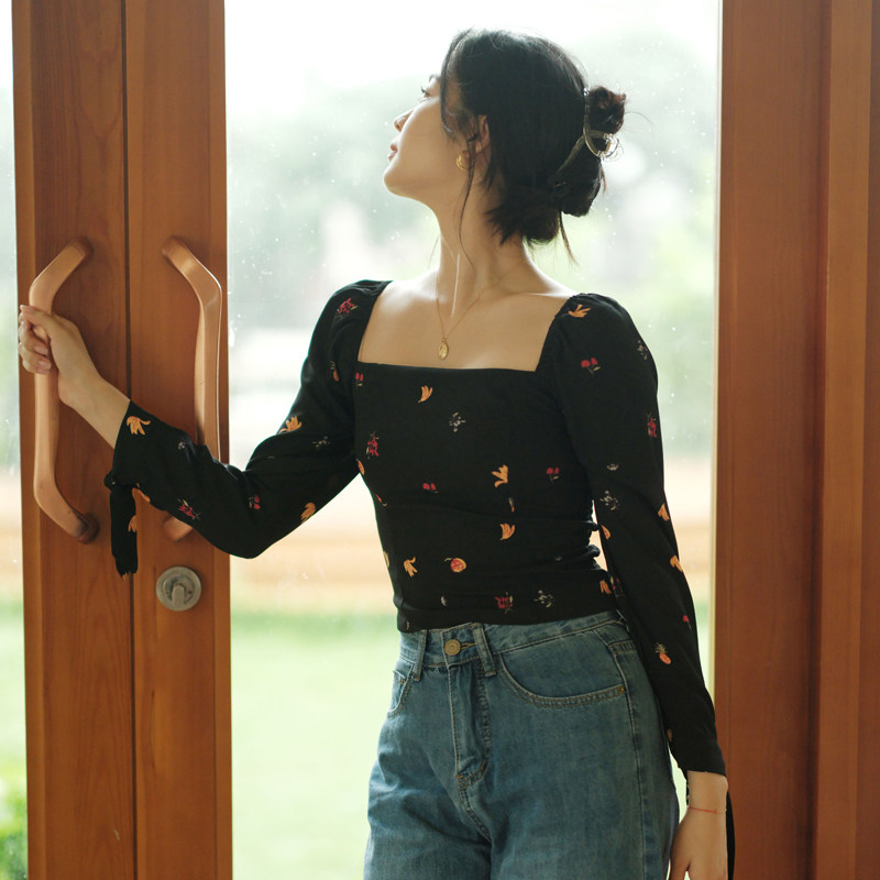 法式复古方领黑色碎花九分袖衬衫一字肩修身女士气质上衣高级感