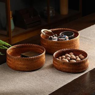 竹制复古大漆收纳筐家用茶叶簸箕茶点盘干果盘篮纯手工竹编果盘