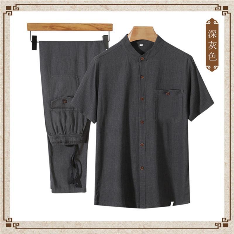 恒智好物爸爸装套装恒智好Y物夏天爸爸棉麻套I装男短袖衬衫长裤套