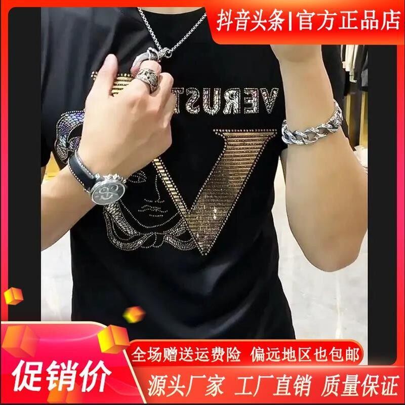 盛辰祥服装高奢水钻莱卡欧洲站高档宽松烫钻男士短袖T恤衫圆领欧