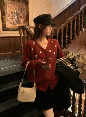 NAZ那子大码冬季新款V领立体花朵针织开衫胖mm安迪绒气质显瘦上衣