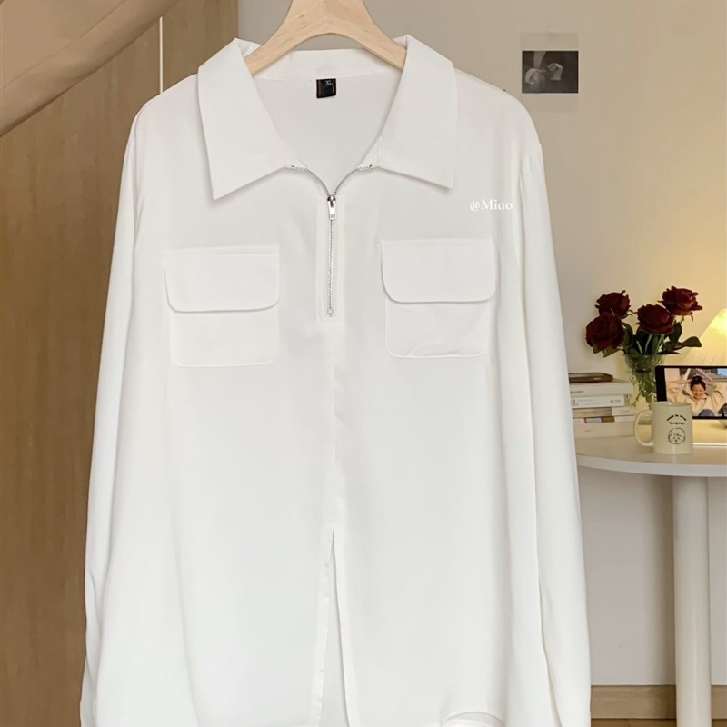 微胖的喵喵 大码女生秋季气质百搭宽松显瘦开叉长袖衬衫上衣 6937