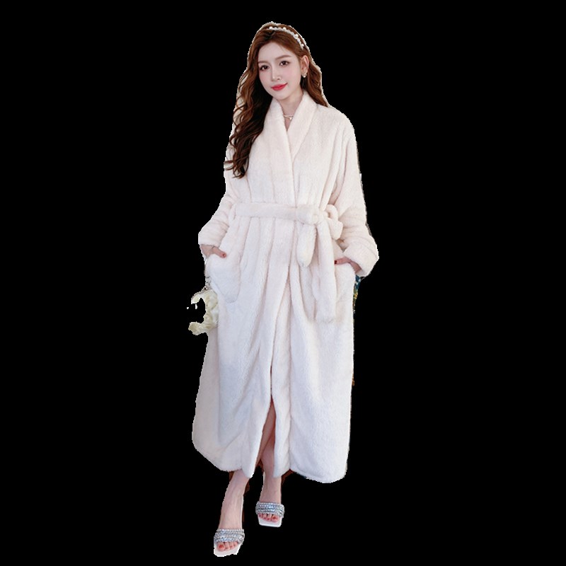 情侣秋冬季加绒加厚法兰绒浴袍睡衣女士性感系带睡袍男家居服长袍