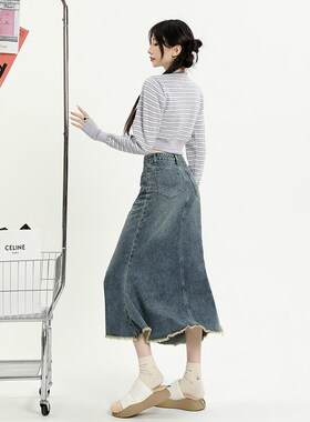 KRO复古中长款牛仔半身裙新款高腰遮胯A字包臀裙百搭毛边鱼尾裙