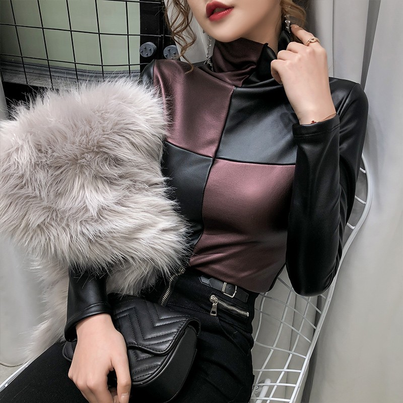 大码高领打底衫女2020新款洋气时尚加绒拼色内搭皮衣长袖修身上衣
