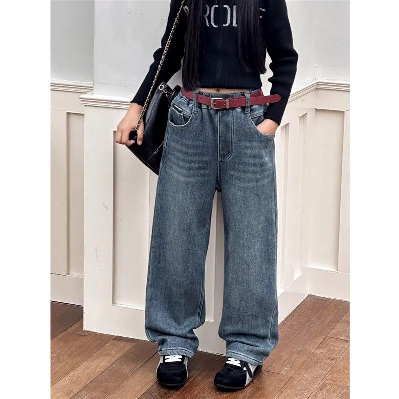 170儿童直筒加绒牛仔裤 男童女童一体绒保暖长裤中大童 冬款 童装