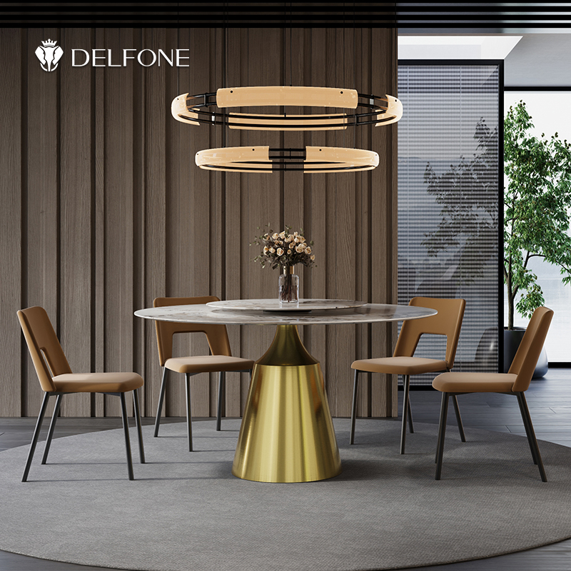 德利丰岩板餐桌2024新款设计师圆桌带转盘意式轻奢餐厅餐桌椅组合