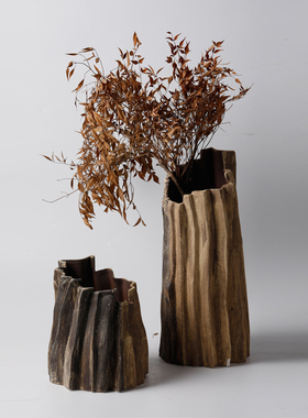 复古侘寂风做旧仿朽木陶瓷花瓶摆件酒店民宿客厅玄关创意花器装饰