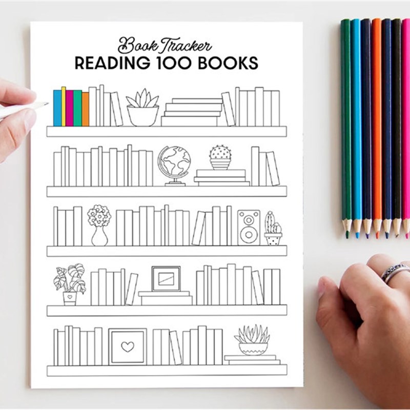 涂色读书打卡记录表 图书阅读计划清单看书挑战日志纸张书架墙纸