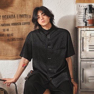 新款 男五分袖 宽松国风新中式 衬衫 上衣 休闲国潮立领短袖 2024年夏季