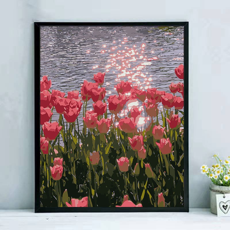 数字油画diy填充油彩画简单手工涂色丙烯画减压卧室装饰画郁金香