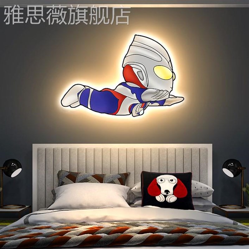 网红奥特卧男室装饰画孩儿童房间床头氛围曼感壁灯画卡通人物发光