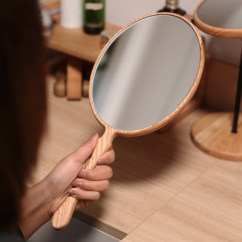 橡木超大手柄化妆镜子便携实木手持梳妆美容院镜定制LOGO刻字