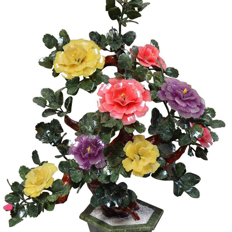 天然玉石8朵牡丹花创意客厅家居饰品玉器盆景工艺品古风花架摆件