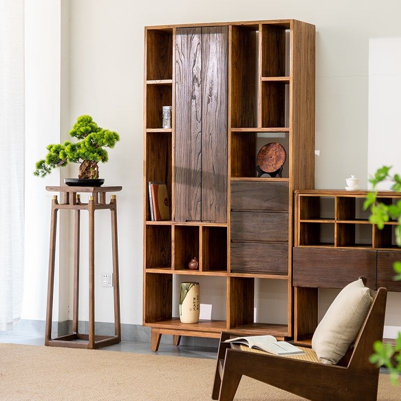 博古架实木中式茶叶柜多宝阁摆件展示柜茶室置物架诧寂风书架榆木