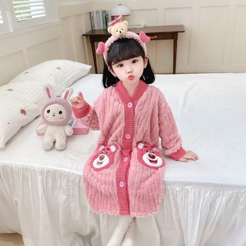 儿童睡衣女童睡袍秋冬季珊瑚绒家居服宝宝法兰绒冬款睡裙长款浴袍