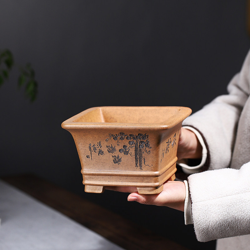 新品尚扣紫砂 柴烧双线四方花盆 秦夕洪手工桌面绿植小桩盆景古j.,鲜花速递/花卉仿真/绿植园艺,花盆,淘宝优惠券,粉丝福利购,淘宝优惠卷