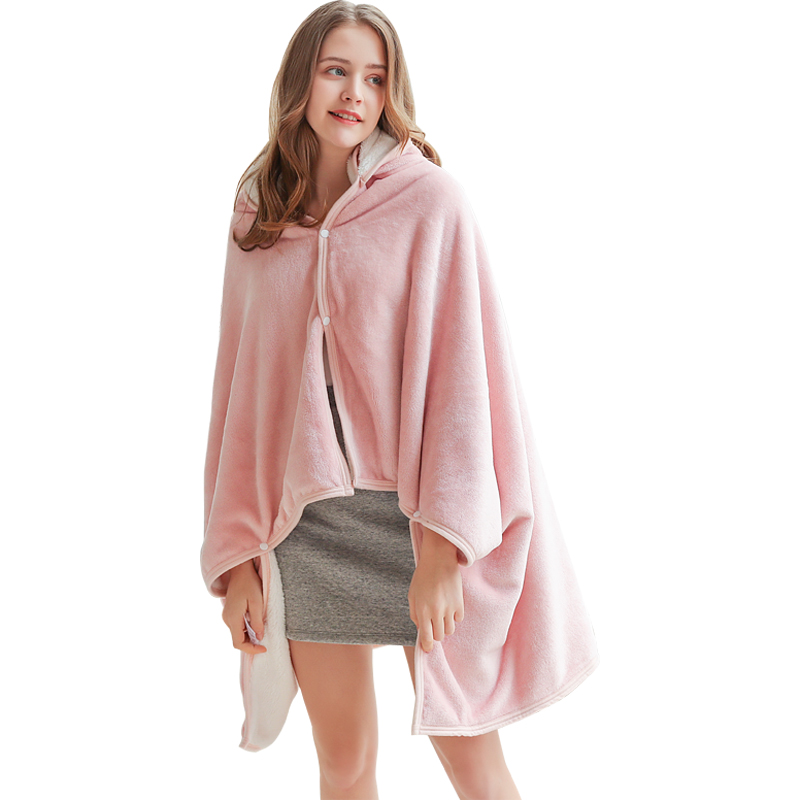 秋冬粉色法兰绒加厚保暖懒人披肩办公室空调学生午睡毛毯斗篷披风