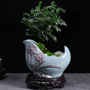 紫砂文竹花盆复古室内好养清香胡椒木小摆件六月雪绿植盆景盆托盘