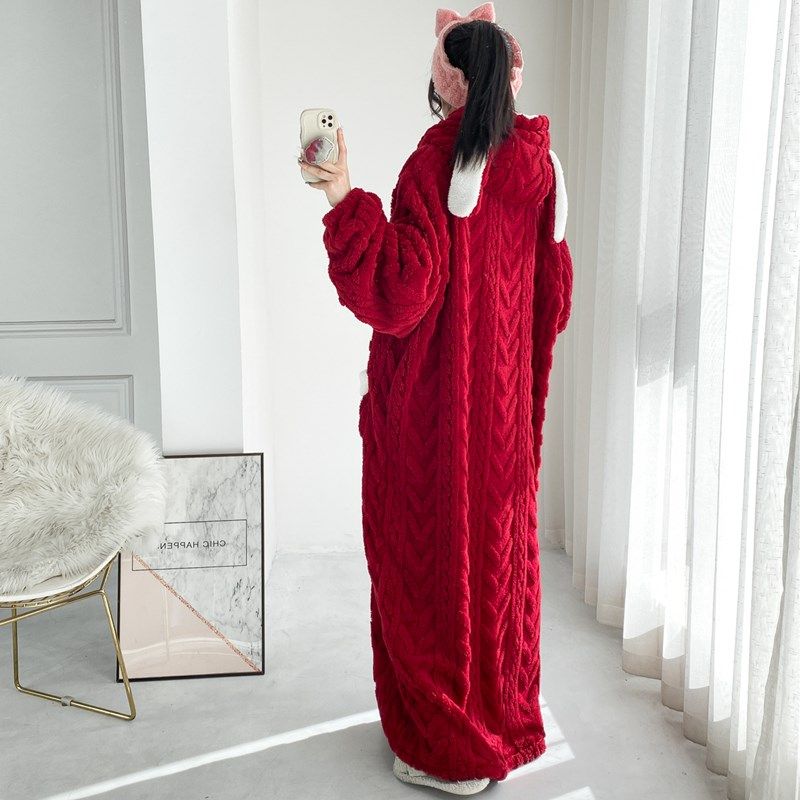 超长提花法兰绒睡裙开衫加厚加长睡袍大码加绒宽松胖MM睡衣女冬季