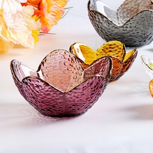 创意日式金边彩色花瓣碗锤纹透明金边玻璃碗家用水果碗果盘餐具