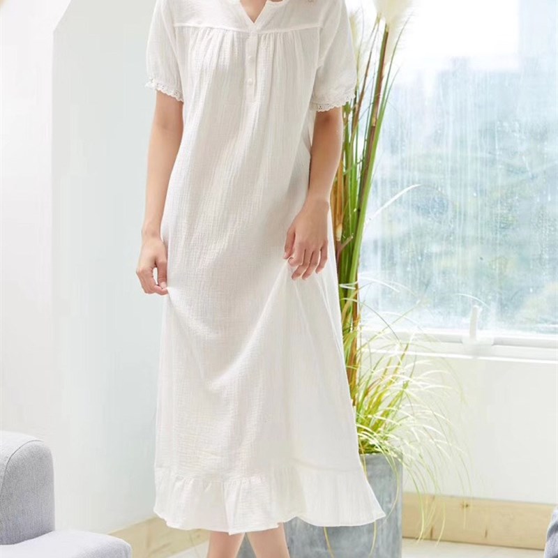 春秋纯棉纱布睡衣女士宫廷公主三层柔软粉睡裙长袖长款家居服包邮
